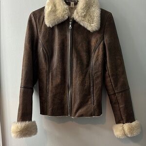 Vintage Brown Leather Jacket with Cream Fur Trim